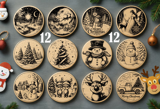 Christmas Coasters SVG Bundle | 12 Laser Engraving Designs