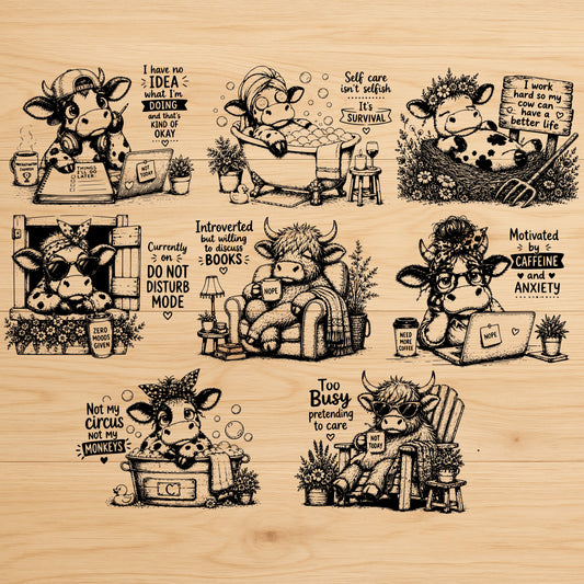 Funny Highland Cow Coaster Bundle SVG Rustic Farmhouse Laser Engraving