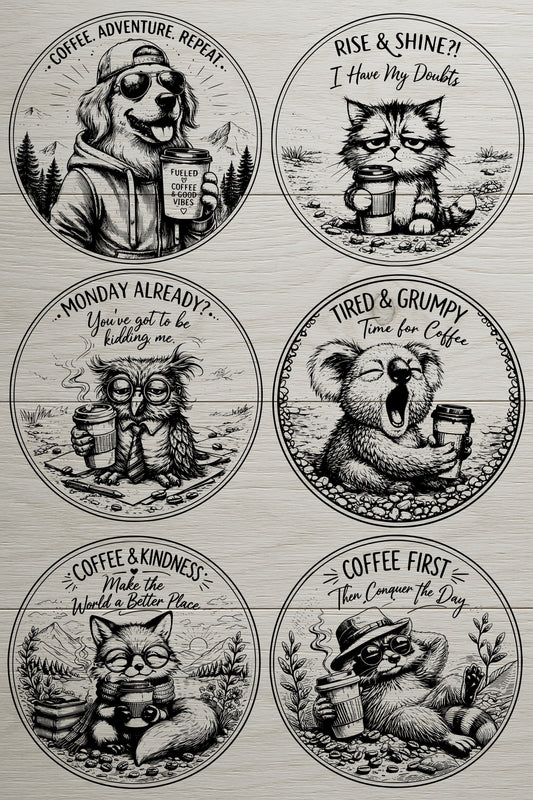 Coffee Animal Coaster SVG Bundle Funny Coffee Lover Laser Designs