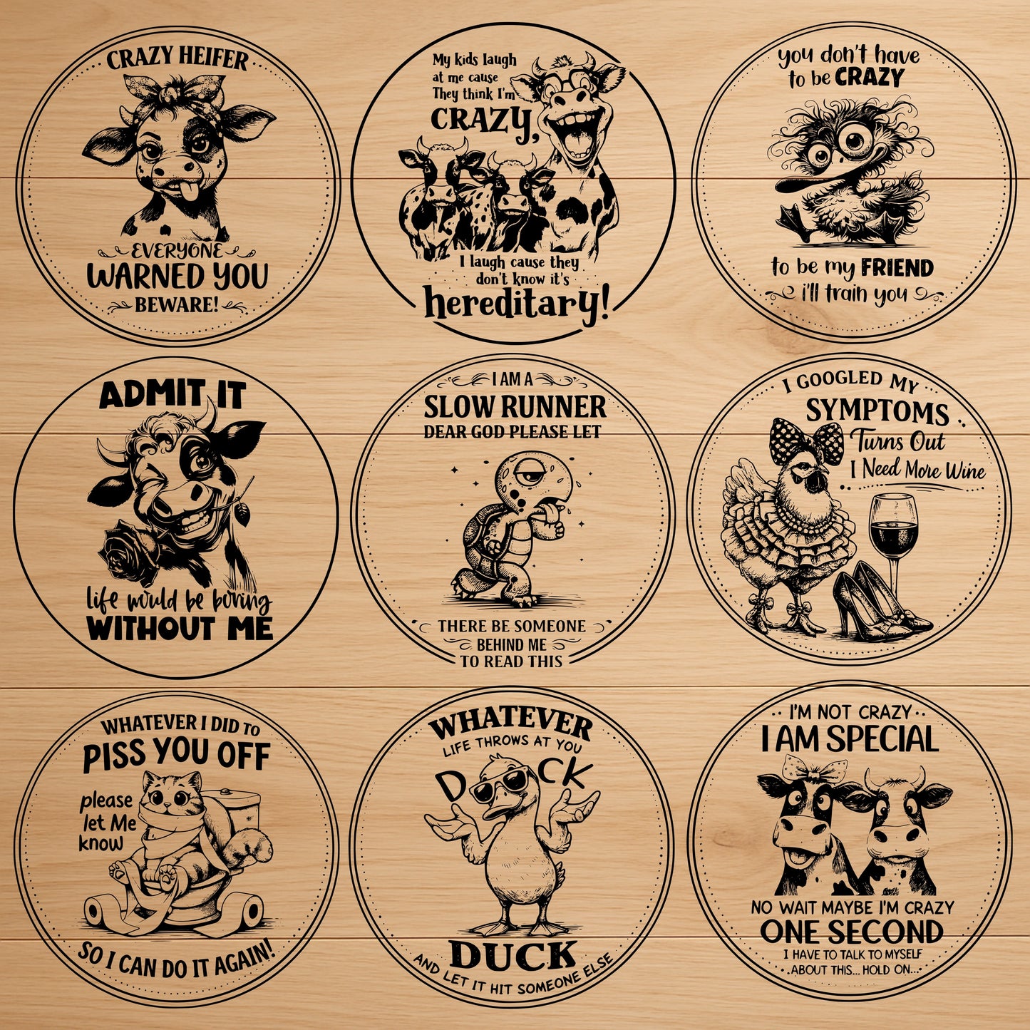 9 Funny Crazy Animal Coaster SVG Bundle Sarcastic Laser Engraving Designs