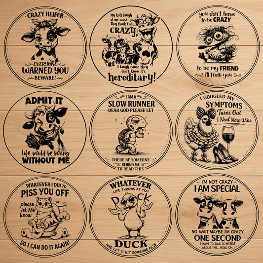 9 Funny Crazy Animal Coaster SVG Bundle Sarcastic Laser Engraving Designs