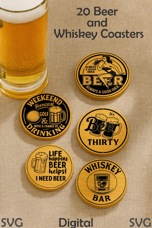 20 Beer & Whiskey Coasters SVG Bundle – Laser Engraving Designs for Men Gifts