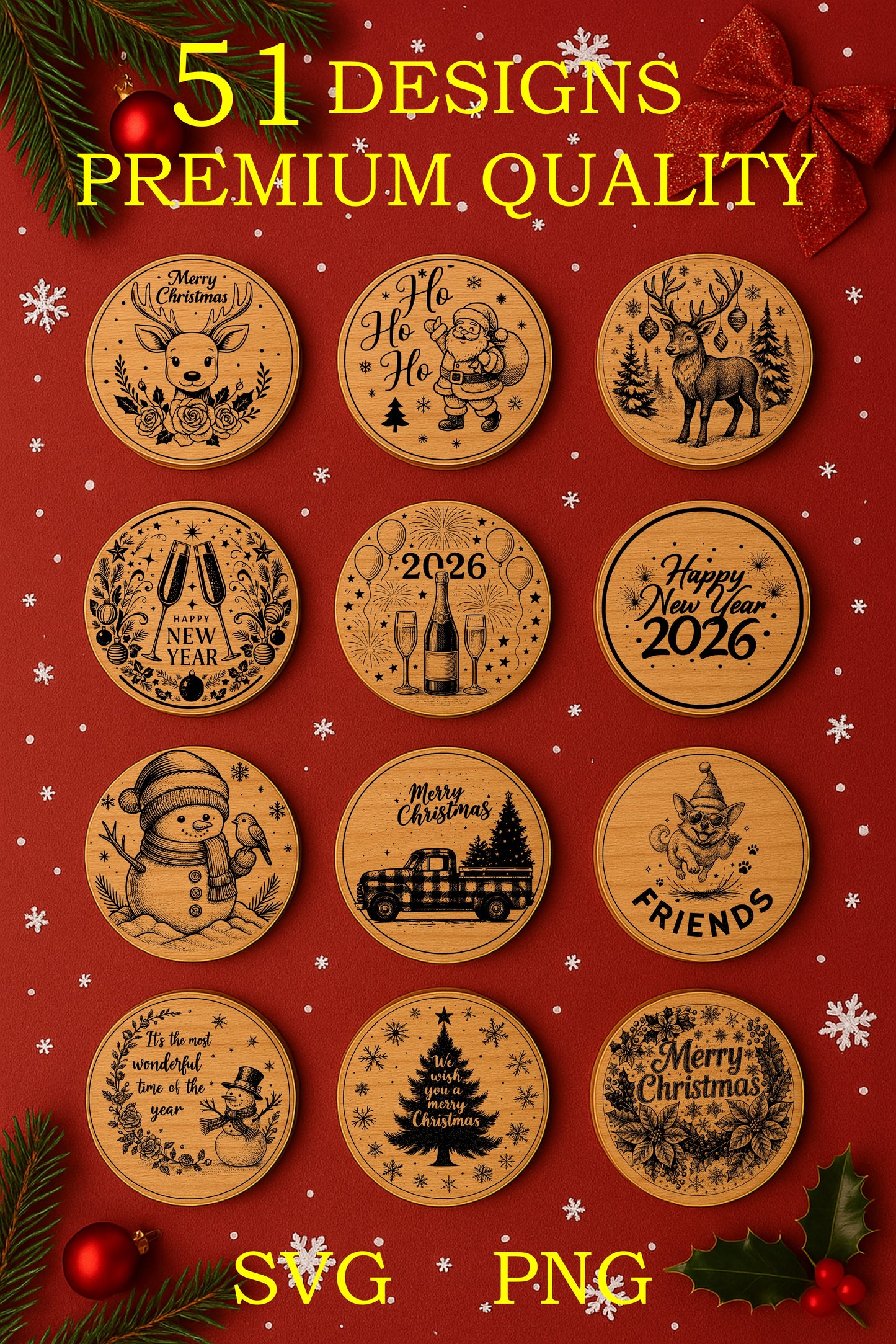 🎄 Christmas Coasters Bundle | 51 Premium Laser Cut Designs | SVG & PNG Files