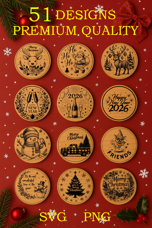 🎄 Christmas Coasters Bundle | 51 Premium Laser Cut Designs | SVG & PNG Files