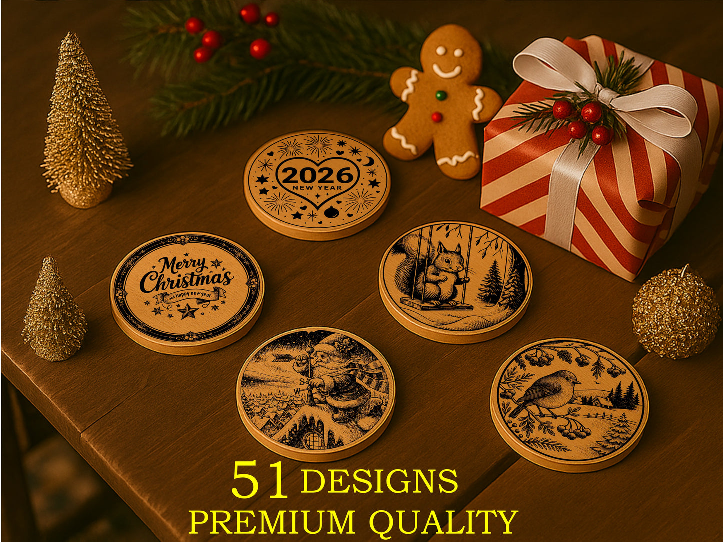 🎄 Christmas Coasters Bundle | 51 Premium Laser Cut Designs | SVG & PNG Files