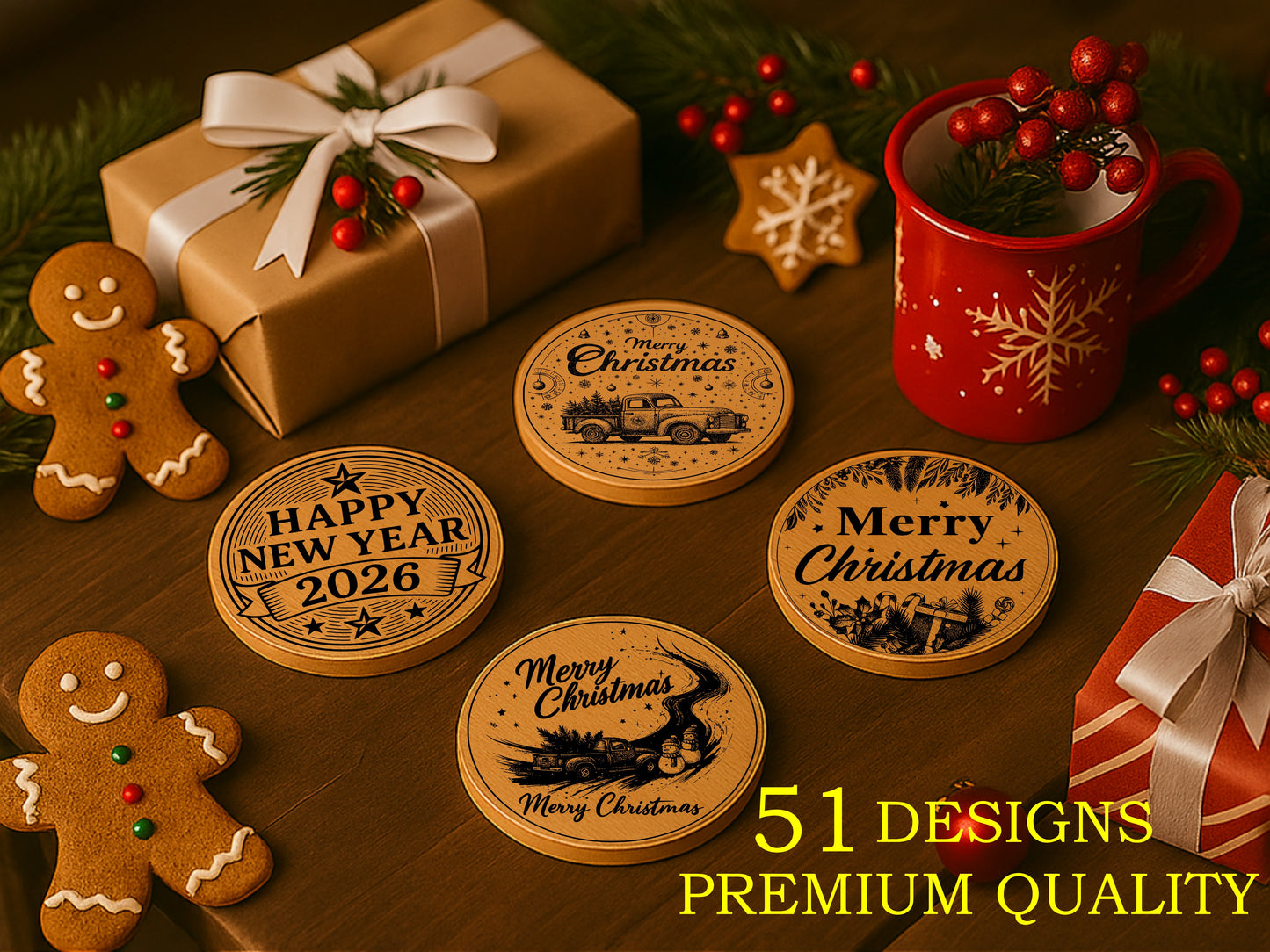 🎄 Christmas Coasters Bundle | 51 Premium Laser Cut Designs | SVG & PNG Files