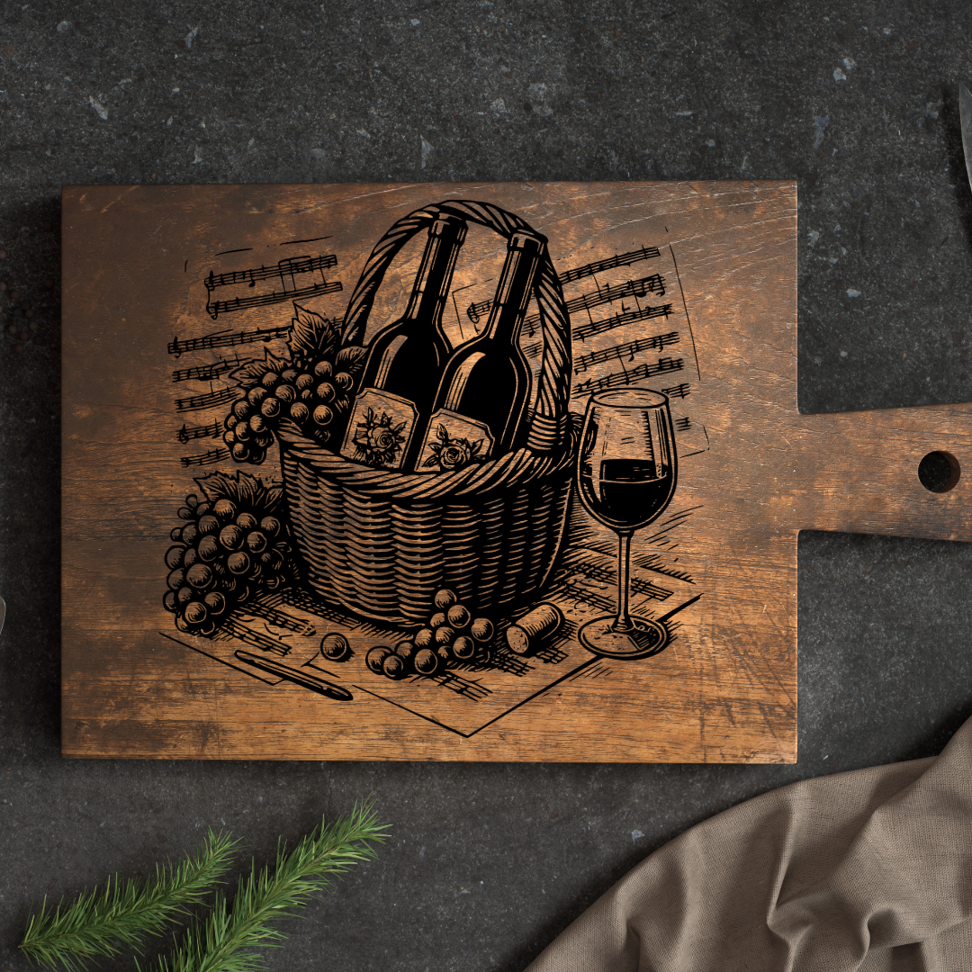 Wine & Grapes Engraving Design | Laser Cut SVG & PNG | Cutting Board Art File