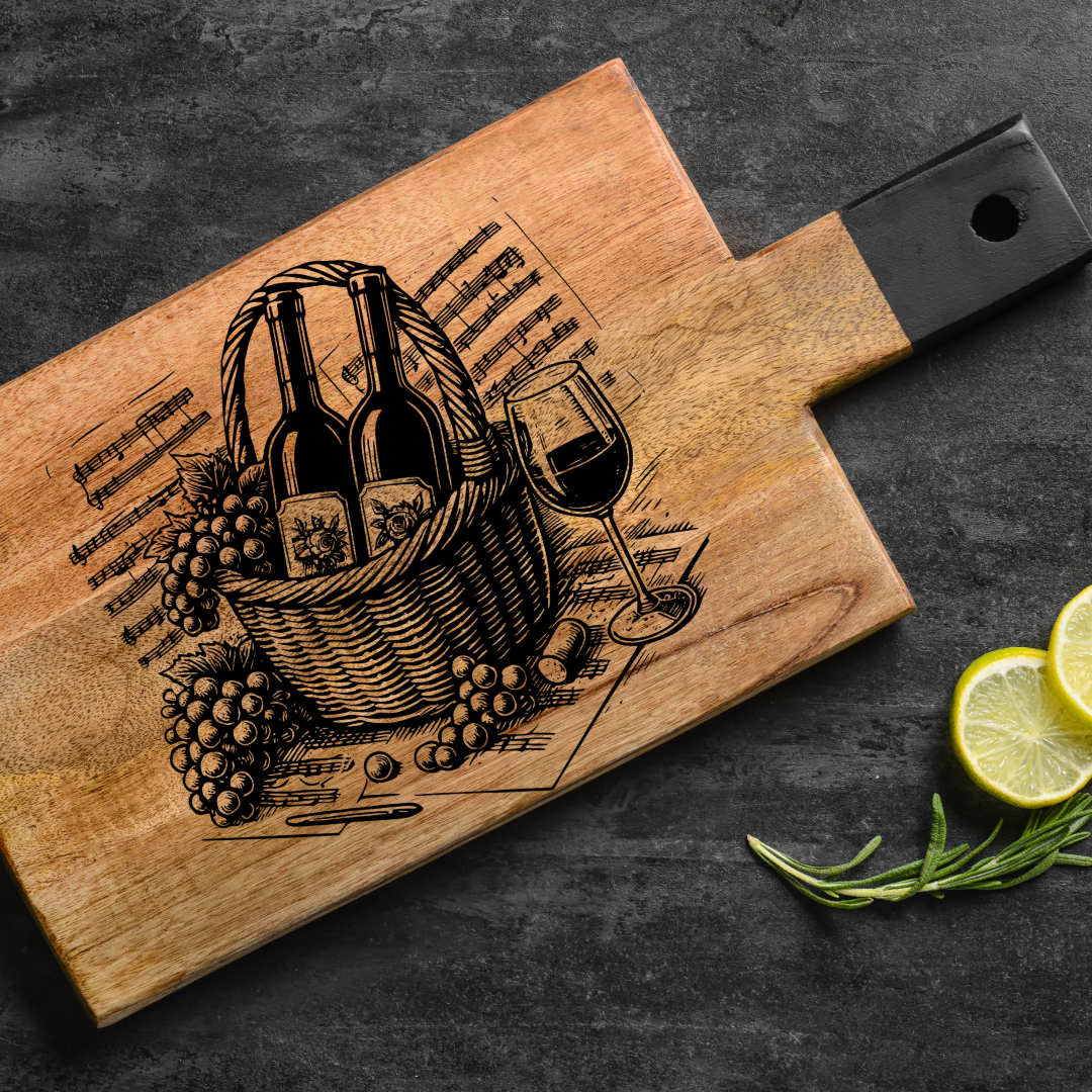 Wine & Grapes Engraving Design | Laser Cut SVG & PNG | Cutting Board Art File