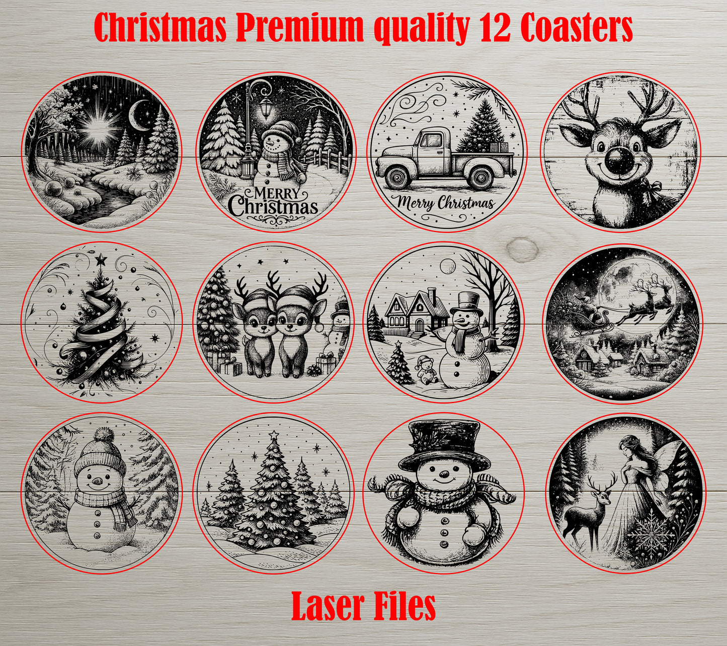 Christmas Coasters SVG Bundle | 12 Laser Engraving Designs