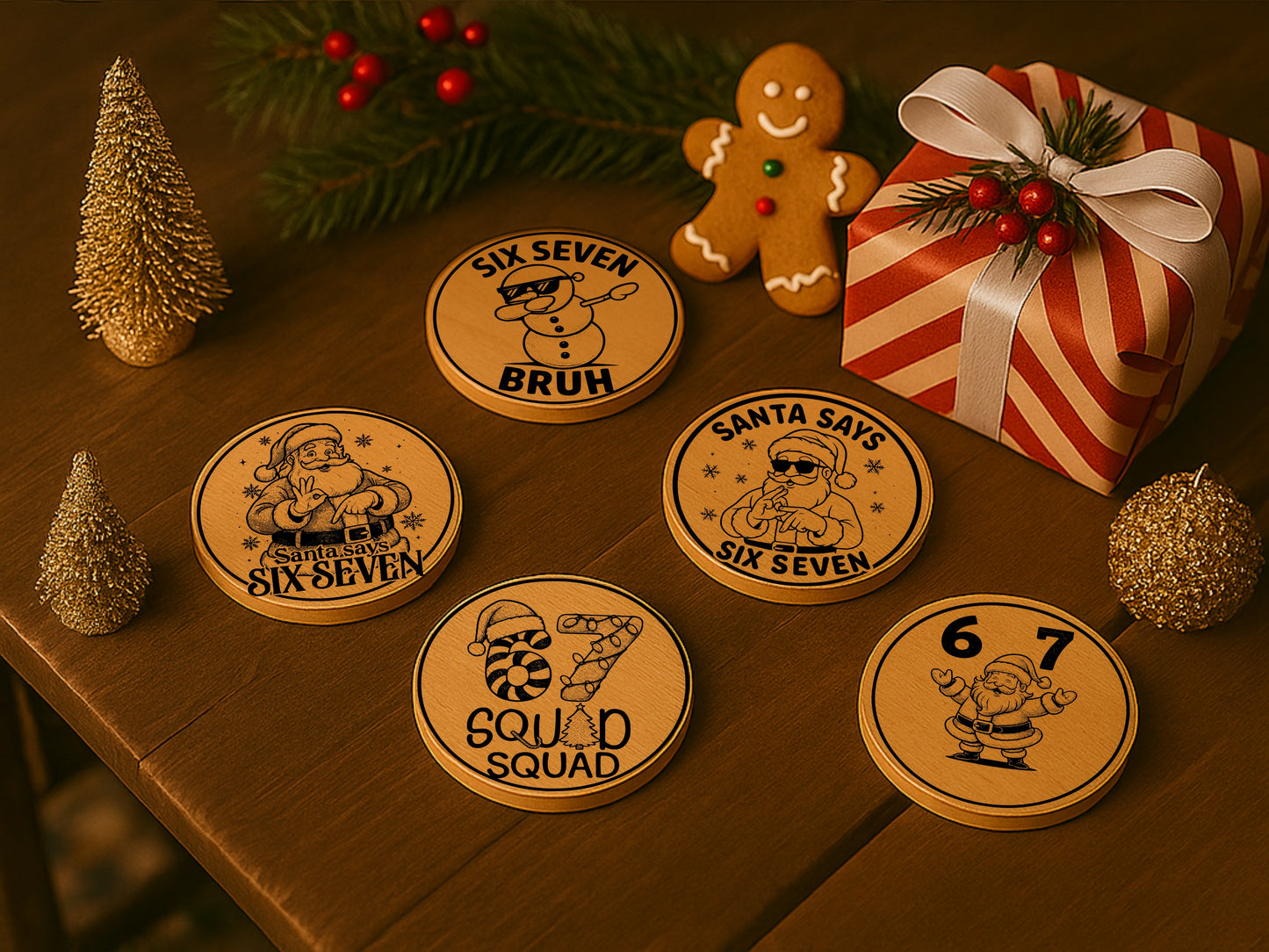 Funny Christmas 6 Coaster Bundle | Six Seven Santa SVG Set for Laser Cut | Digital Files SVG PNG JPG FunnyFilesCo