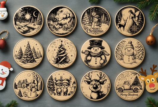 Christmas Coasters SVG Bundle | 12 Laser Engraving Designs