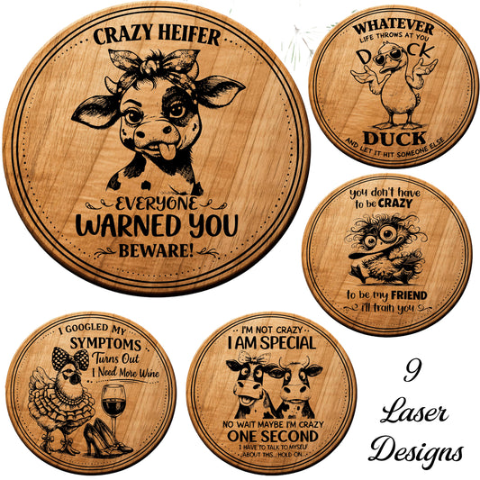 9 Funny Crazy Animal Coaster SVG Bundle  Sarcastic Laser Engraving Designs