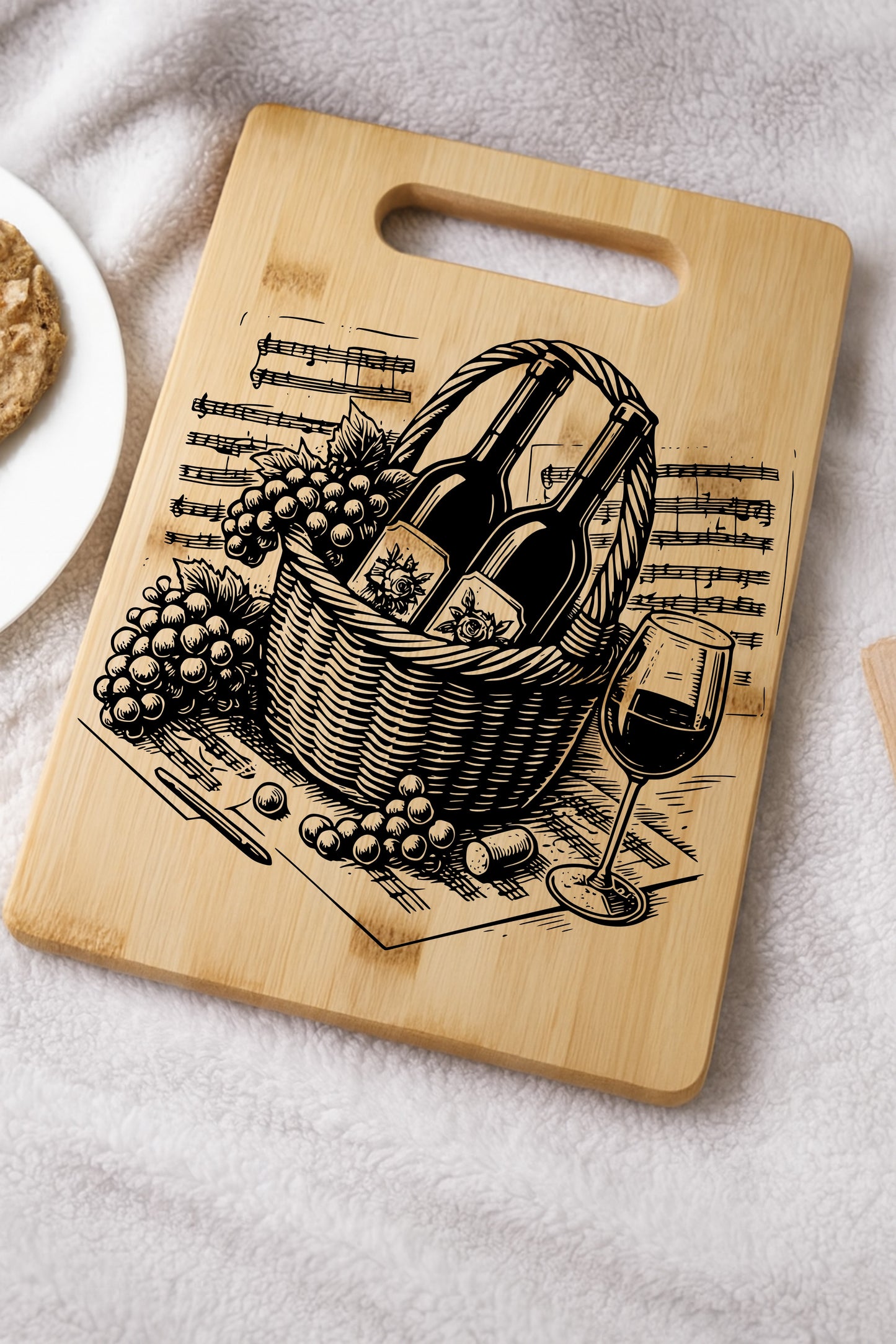 Wine & Grapes Engraving Design | Laser Cut SVG & PNG | Cutting Board Art File
