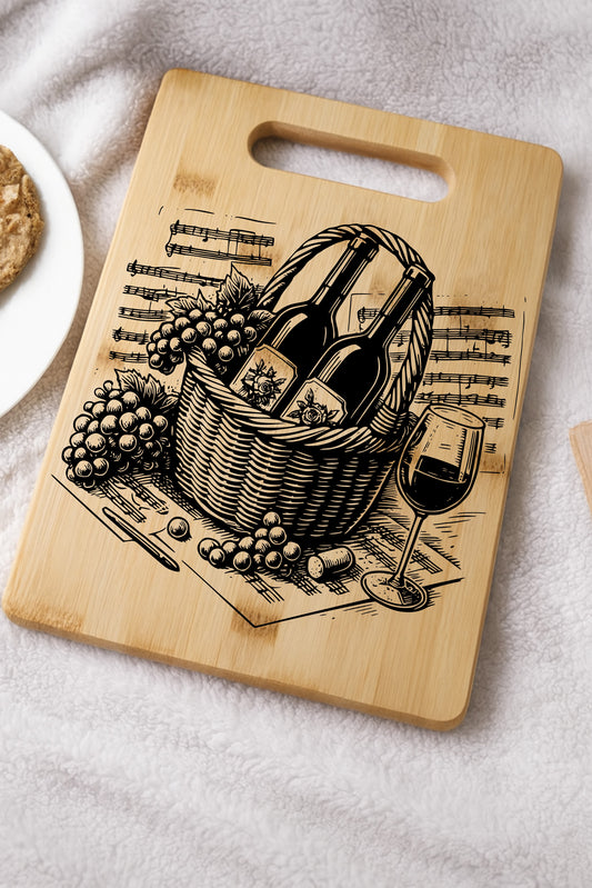 Wine & Grapes Engraving Design | Laser Cut SVG & PNG | Cutting Board Art File