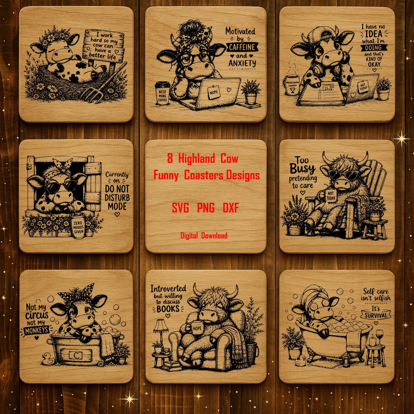 Funny Highland Cow Coaster Bundle SVG Rustic Farmhouse Laser Engraving