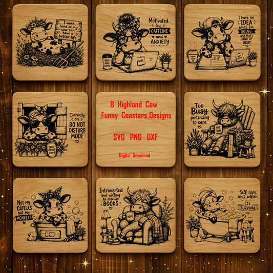 Funny Highland Cow Coaster Bundle SVG Rustic Farmhouse Laser Engraving