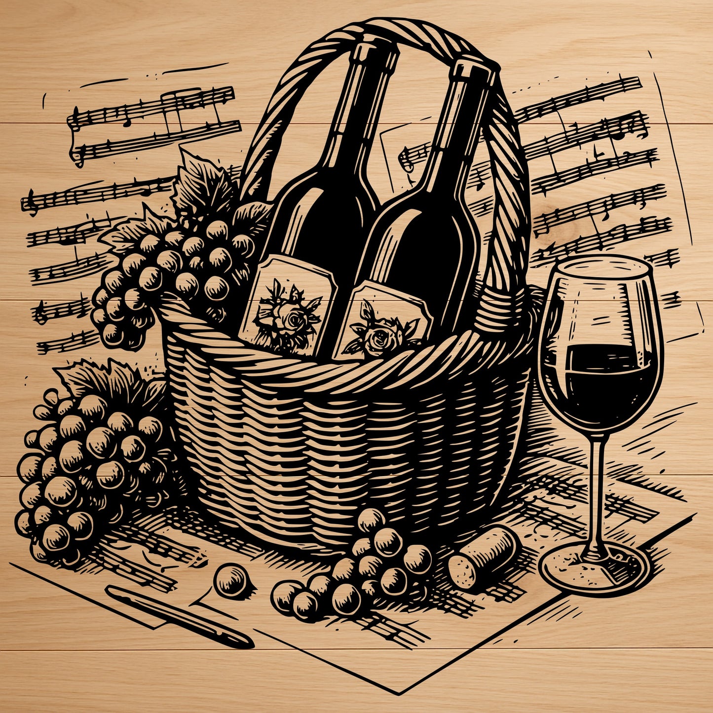 Wine & Grapes Engraving Design | Laser Cut SVG & PNG | Cutting Board Art File